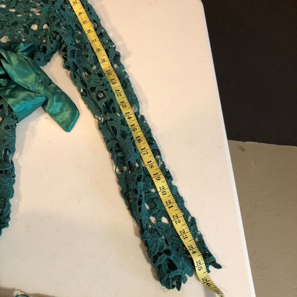 Green Lace Floor Length Dress with high collar and a teal satin sash, Size M - Picture 9 of 11